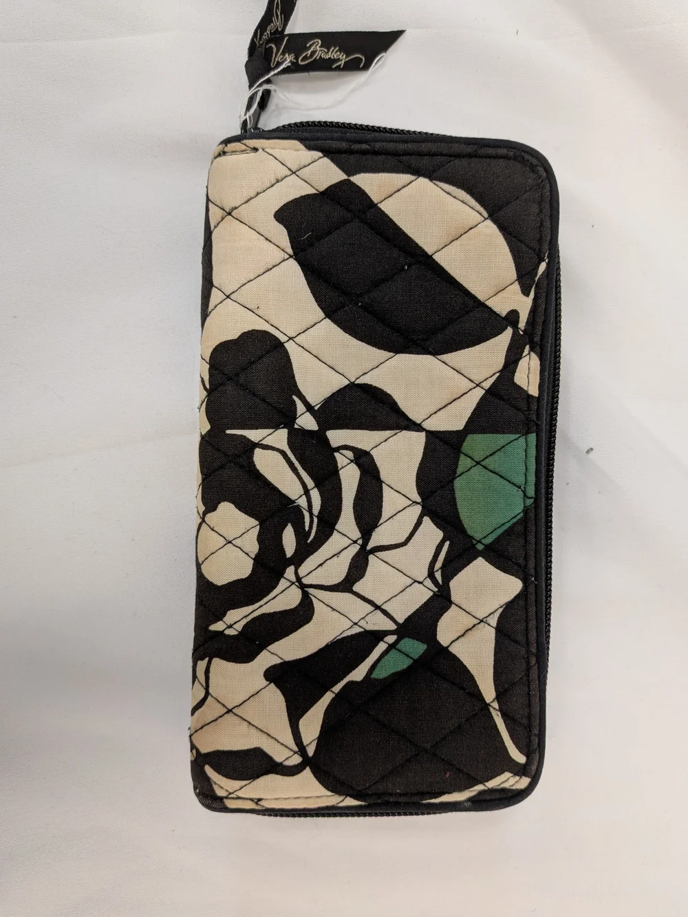 Vera Bradley Black & Cream Quilted Zip Wallet with Green Accents